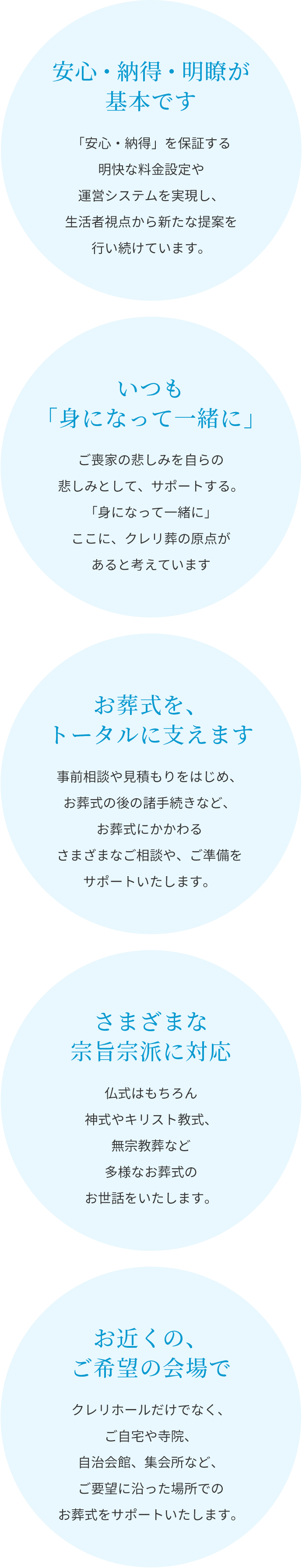 安心・納得・明瞭が基本です／いつも「身になって一緒に」／お葬式を、トータルに支えます／さまざまな宗旨宗派に対応／お近くの、ご希望の会場で