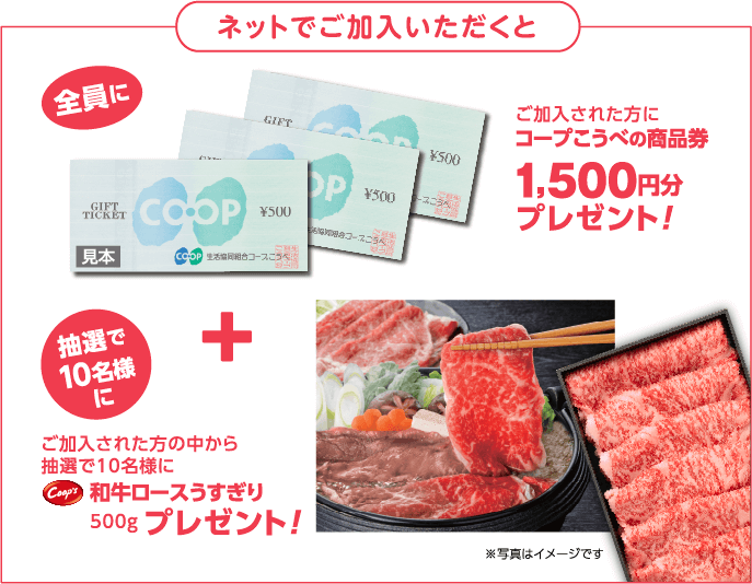 ネットでご加入いただくと、ご加入された方全員に「コープこうべの商品券1,500円分」プレゼント！+ご加入された方の中から抽選で10名様に「コープス 和牛ロースうすぎり 500g」プレゼント！